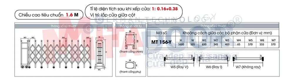 Thông số kỹ thuật của cửa cổng xếp hợp kim nhôm Mitadoor MT 156-Y