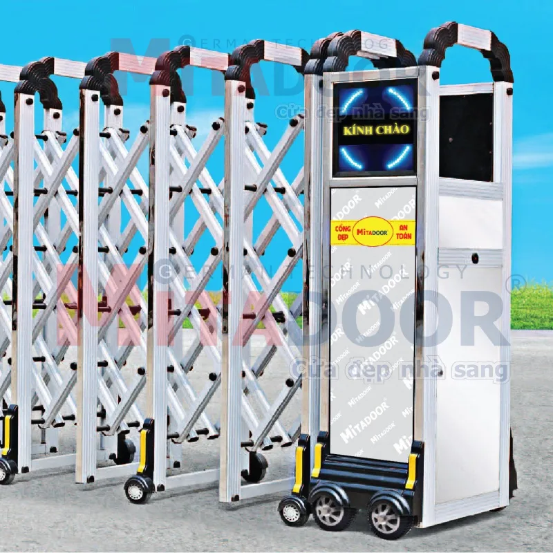 Cửa cổng xếp hợp kim nhôm MT 156-Y Mitadoor với lớp sơn tĩnh điện cao cấp, chống oxy hóa, vận hành nhẹ nhàng, êm ái