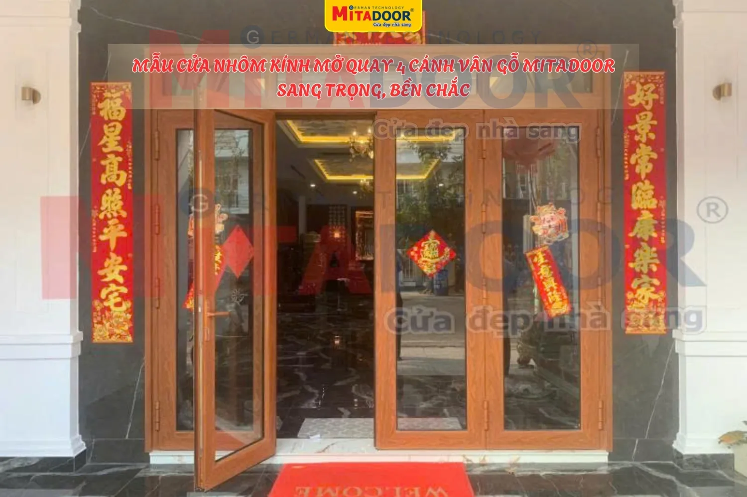 Cửa nh&ocirc;m k&iacute;nh mở quay 4 c&aacute;nh m&agrave;u v&acirc;n gỗ sang trọng, bền chắc, tiện nghi