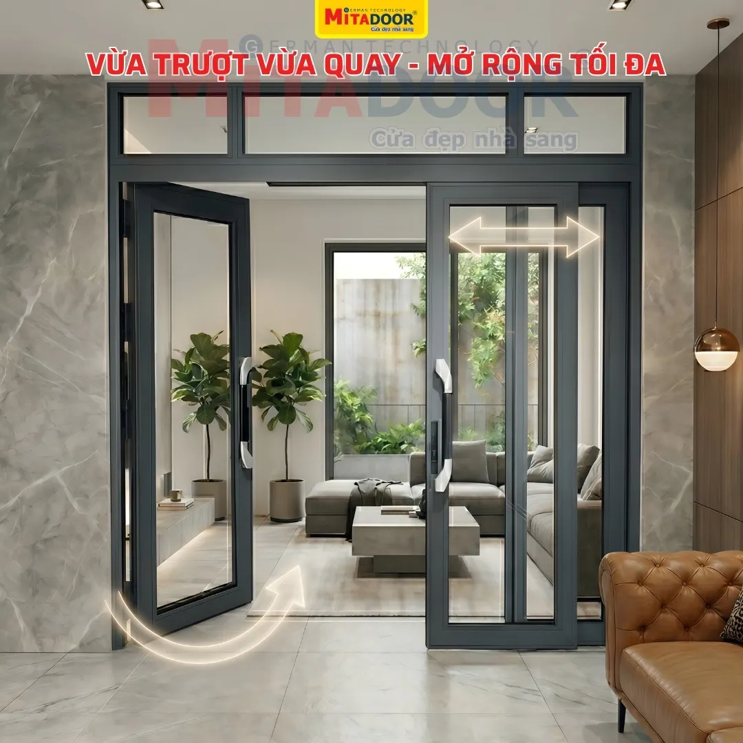 Với cửa trượt quay, bạn c&oacute; thể l&ugrave;a nhẹ một c&aacute;nh cho tho&aacute;ng, hoặc mở tung to&agrave;n bộ &eacute;p s&aacute;t tường để kh&ocirc;ng gian nh&agrave; được rộng r&atilde;i v&agrave; tho&aacute;ng đ&atilde;ng hơn