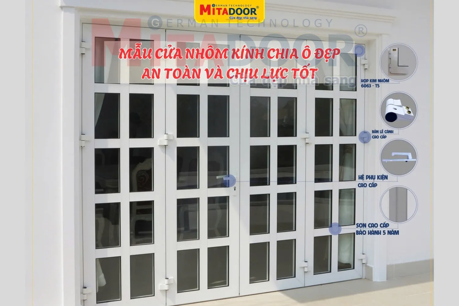 Cửa nh&ocirc;m k&iacute;nh chia &ocirc; Mitadoor thẩm mỹ, c&oacute; kết cấu vững chắc v&agrave; khả năng chịu lực cao