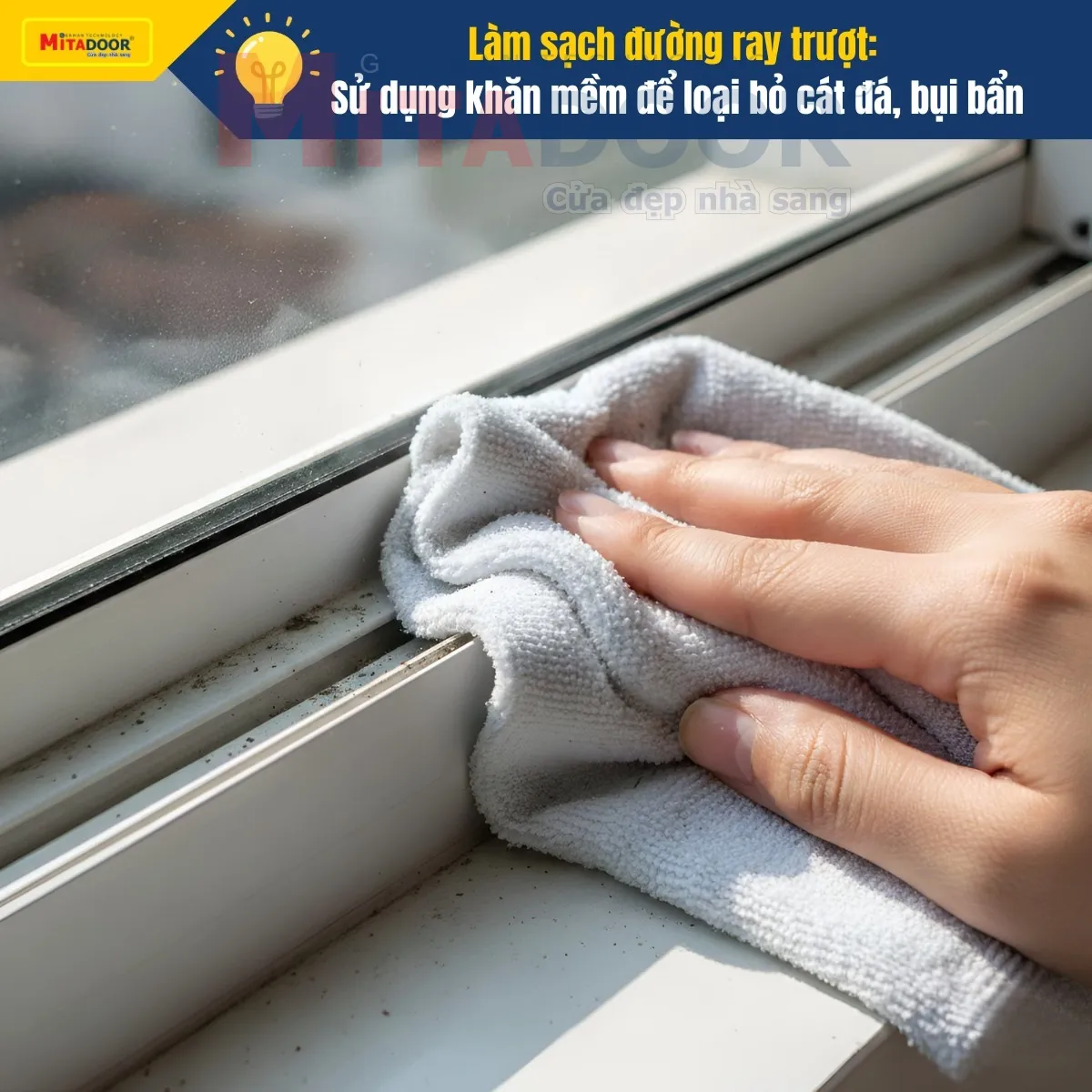 Dùng khăn mềm làm sạch ray cửa, loại bỏ đất cát, bụi bẩn