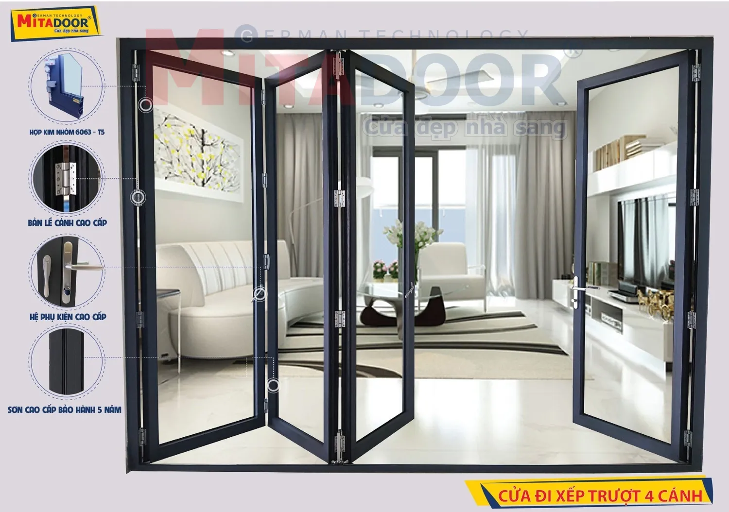 Cửa đi xếp trượt 4 c&aacute;nh với hệ phụ kiện ch&iacute;nh h&atilde;ng cao cấp c&ugrave;ng những đặc điểm vượt trội, c&oacute; diện t&iacute;ch mở cửa lớn