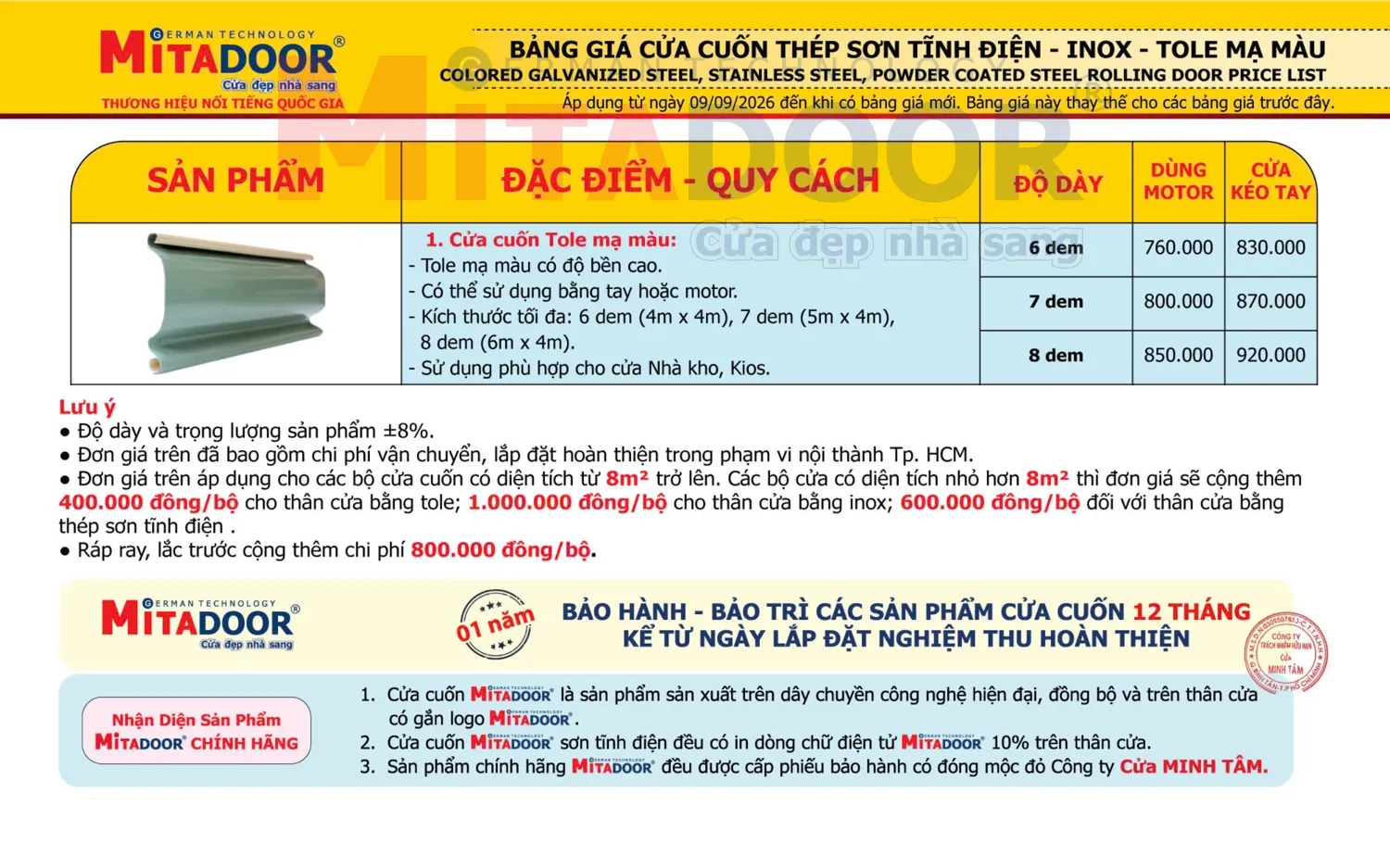 Bảng gi&aacute; cửa cuốn tole (t&ocirc;n) Đ&agrave;i Loan