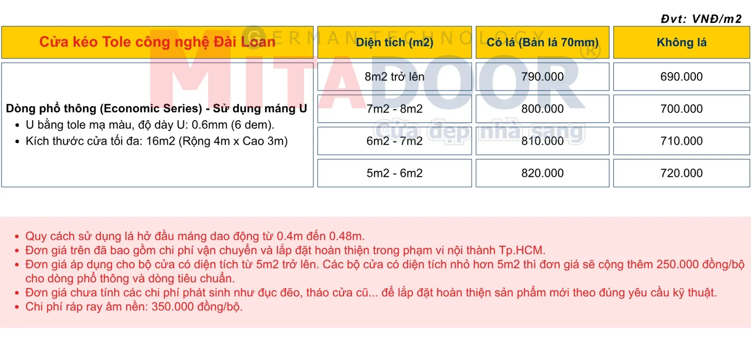 B&aacute;o gi&aacute; của cửa k&eacute;o t&ocirc;n Đ&agrave;i Loan d&ograve;ng Phổ th&ocirc;ng