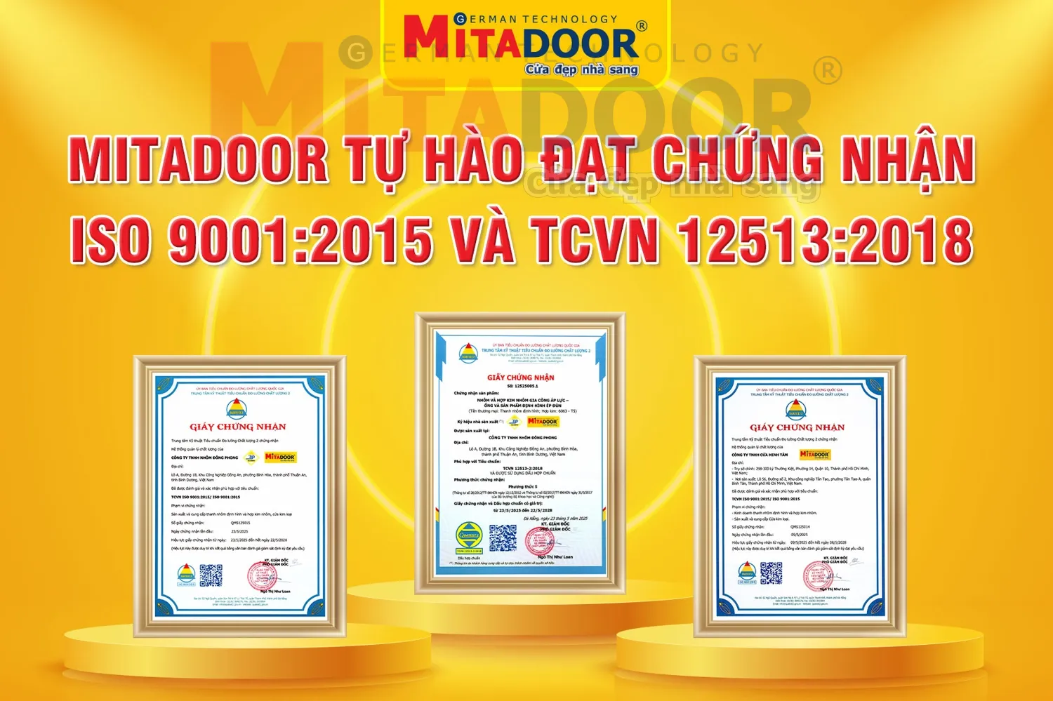 Mitadoor tự h&agrave;o đạt chứng nhận ISO 9001:2015 v&agrave; hợp chuẩn sản phẩm theo TCVN 12513:2018
