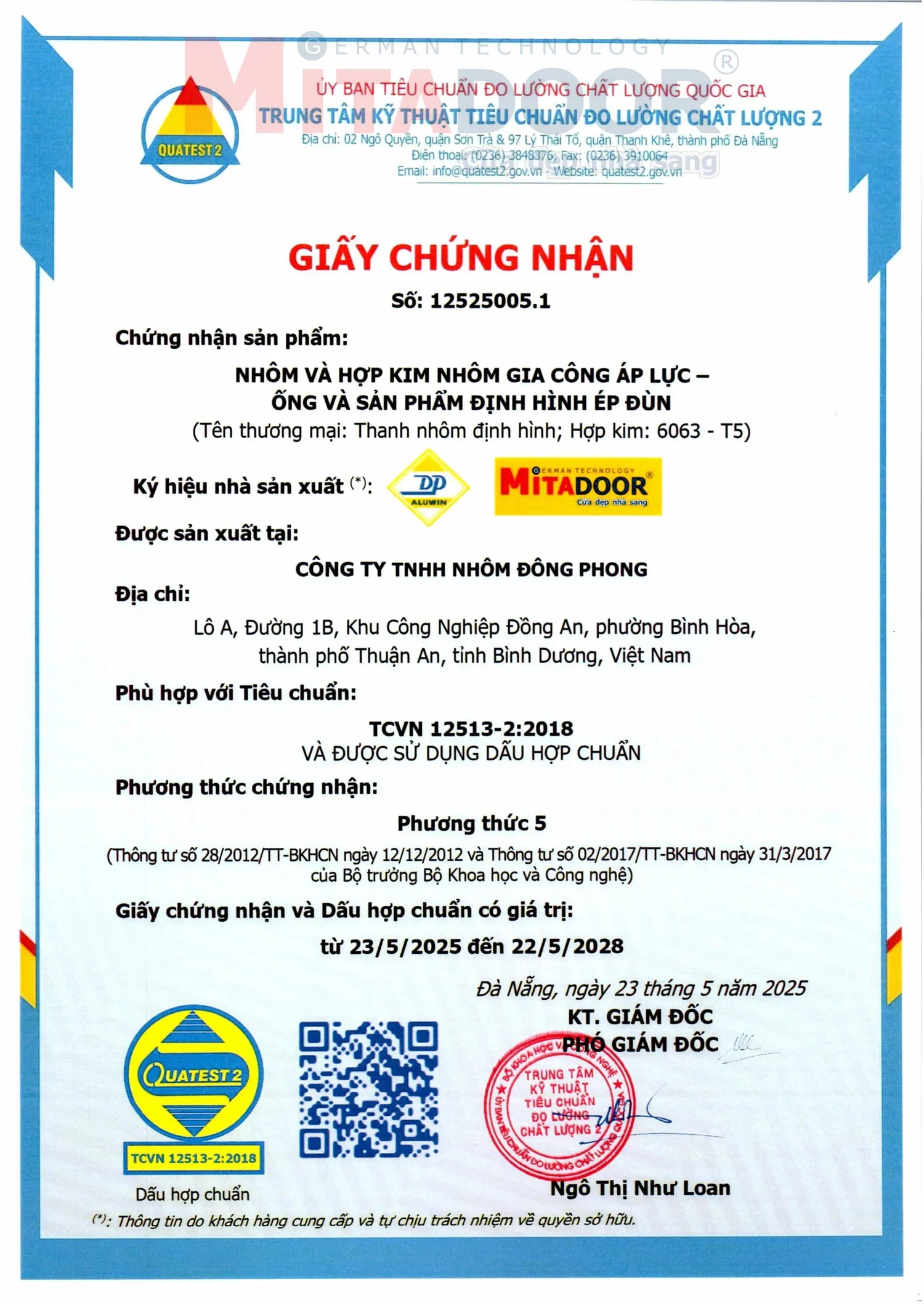 Chứng nhận sản phẩm nh&ocirc;m v&agrave; hợp kim nh&ocirc;m gia c&ocirc;ng &aacute;p lực - Ống v&agrave; sản phẩm định h&igrave;nh &eacute;p đ&ugrave;n được sản xuất tại C&ocirc;ng ty Nh&ocirc;m Đ&ocirc;ng Phong ph&ugrave; hợp với ti&ecirc;u chuẩn TCVN 12513-2:2018 v&agrave; được sử dụng dấu hợp chuẩn