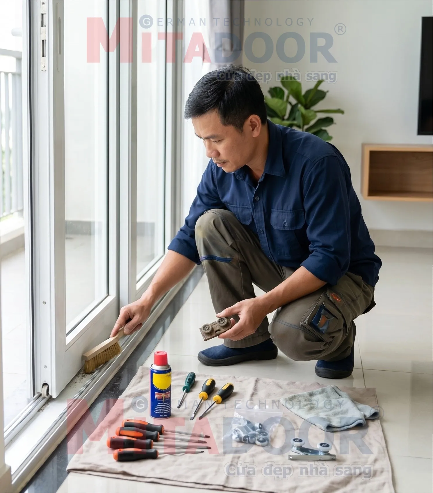 Cửa bị kẹt, kh&oacute; đ&oacute;ng mở, bạn n&ecirc;n qu&eacute;t bụi bẩn, sỏi đ&aacute; v&agrave; sử dụng chất b&ocirc;i trơn chuy&ecirc;n dụng