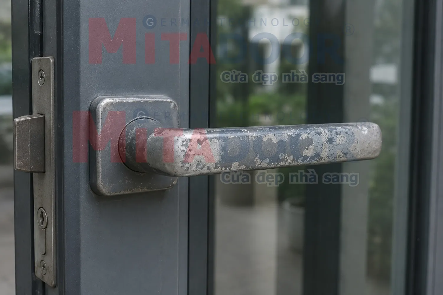Tay nắm cửa nh&ocirc;m k&iacute;nh bị phai m&agrave;u do sử dụng sơn tĩnh điện k&eacute;m chất lượng, nhanh bong tr&oacute;c, mất thẩm mỹ hoặc do vệ sinh cửa sai c&aacute;ch