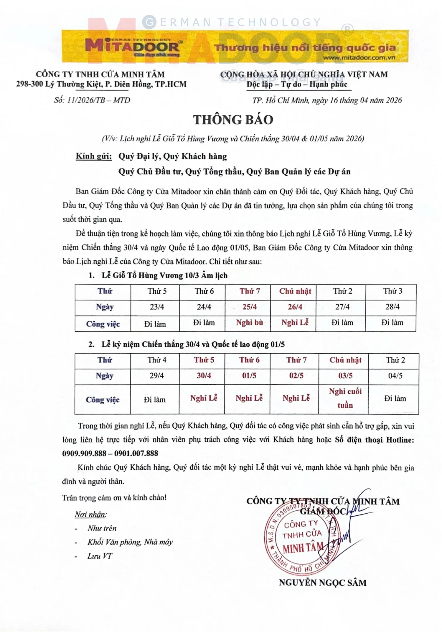 Mitadoor thông báo Lịch nghỉ Lễ Giỗ Tổ Hùng Vương, Lễ kỷ niệm Chiến thắng 30/4 và ngày Quốc tế Lao động 01/05