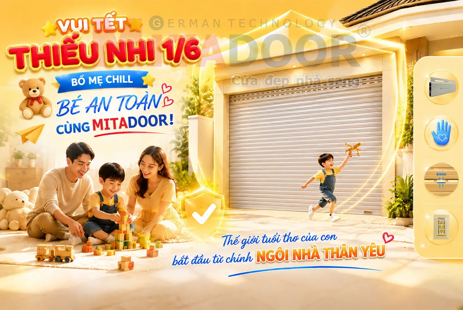 Quốc tế Thiếu nhi 1.6.2026 - Trọn vẹn y&ecirc;u thương c&ugrave;ng cảm biến an to&agrave;n cửa cuốn Mitadoor